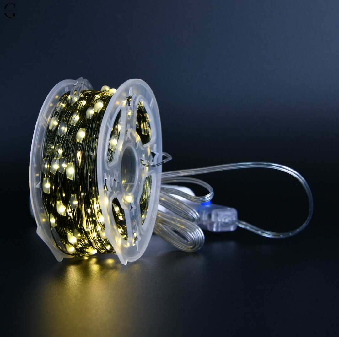 Гірлянда Rossa 50м 500 LED теплий жовтий + RGB, пульт, USB, мідний зелений провід